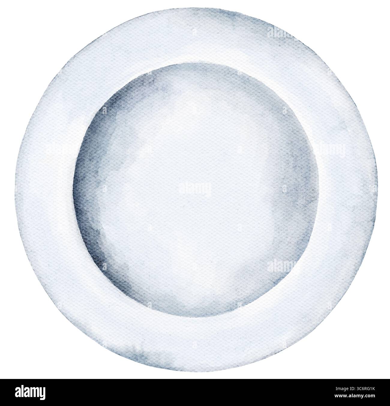 Illustration der blauen Platte auf weißem Hintergrund. Mittlerer Raum links für Text. Sauberes, rundes Layout, ideal für Menüs, Food Branding und Produktetiketten Stockfoto