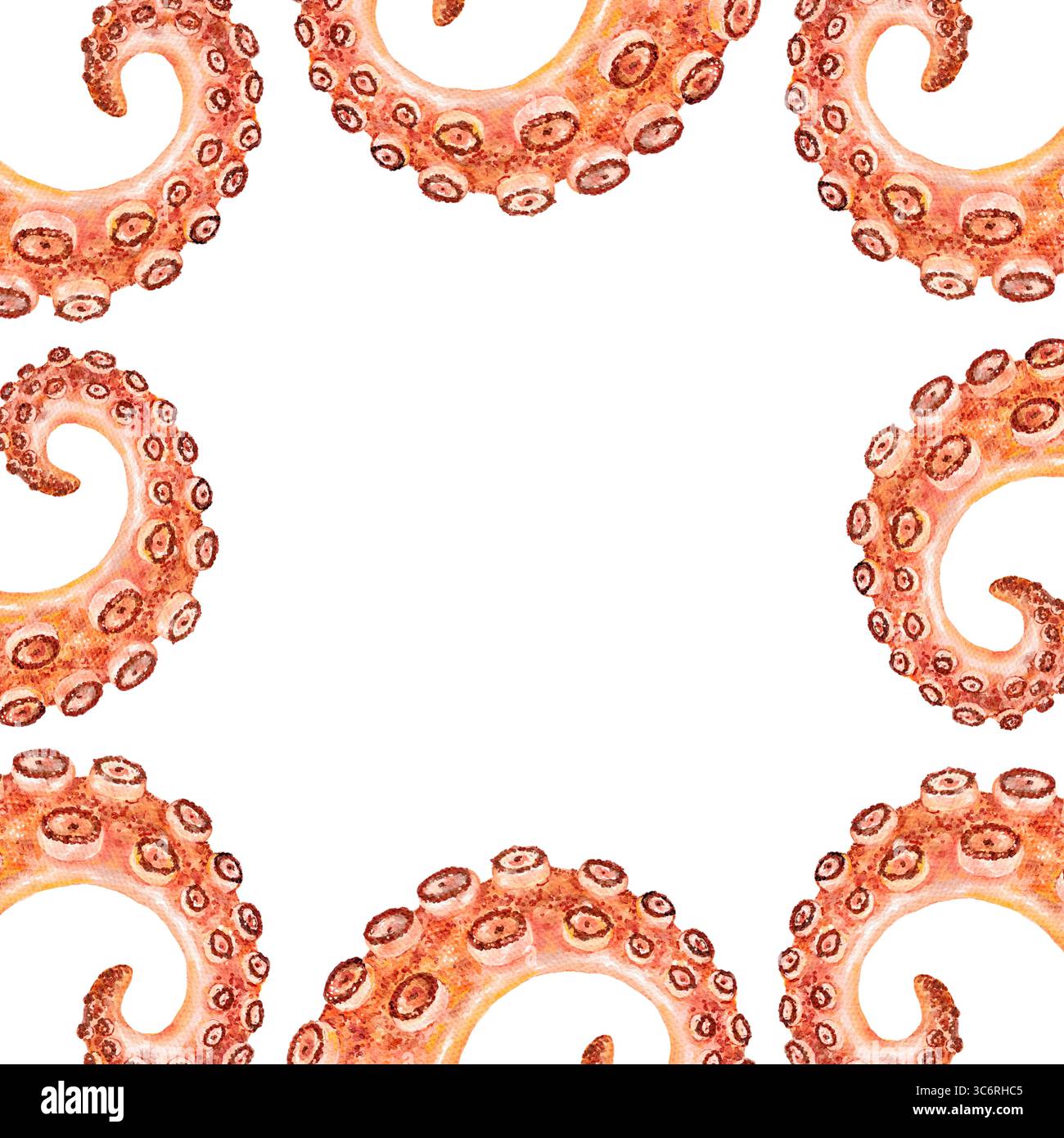 Quadratischer Rahmen mit gewelltem Aquarell-Oktopus-Tentakeln auf weißem Hintergrund. Sich wiederholende Elemente bilden ein randähnliches Layout. Platz für Text in der Mitte. Großartig Stockfoto