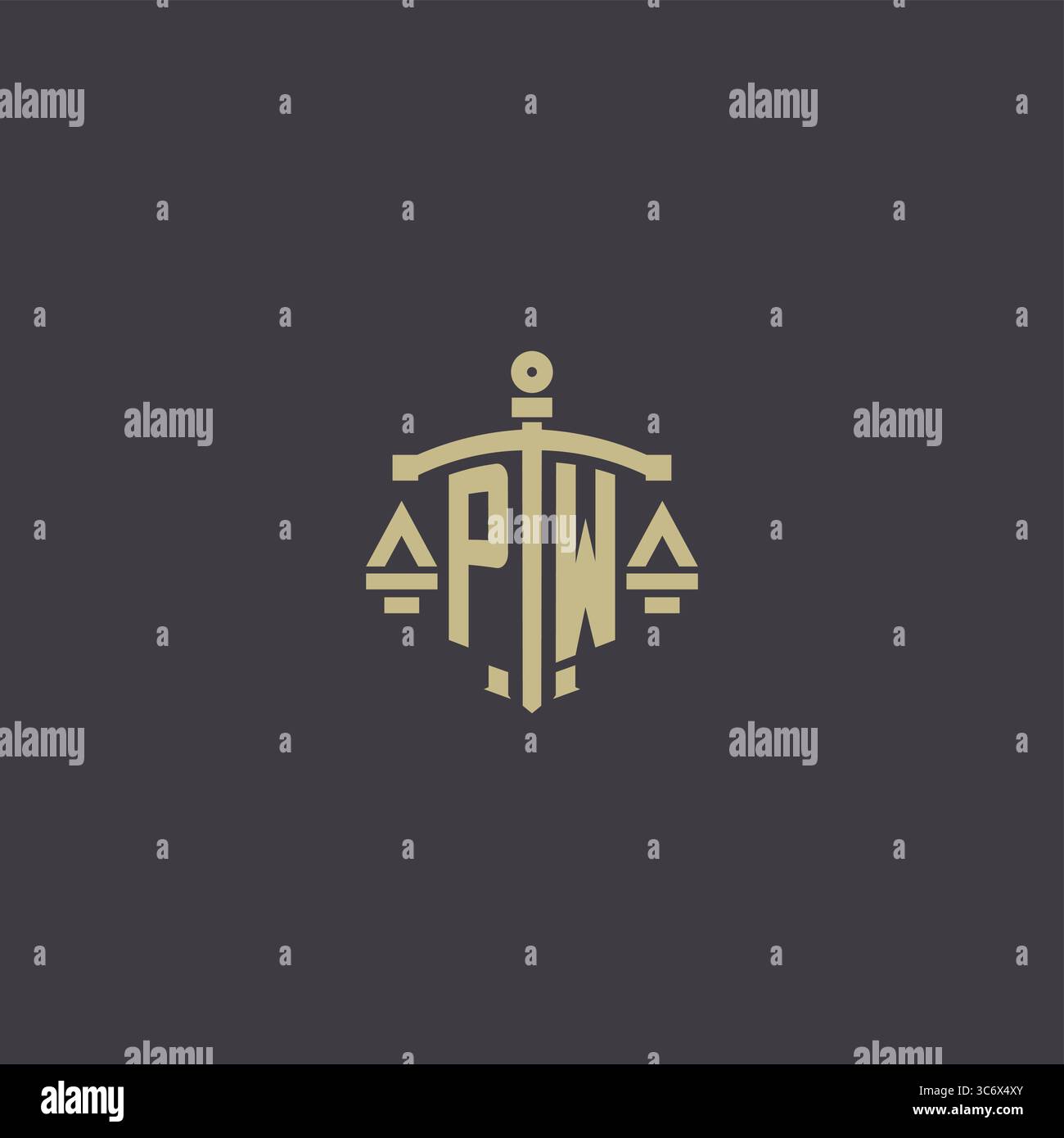 Anfängliches PW-Logo für Anwaltskanzlei und Anwalt mit kreativer Skala und Schwert Icon Design Vektor Grafik Vektor Grafik Stock Vektor