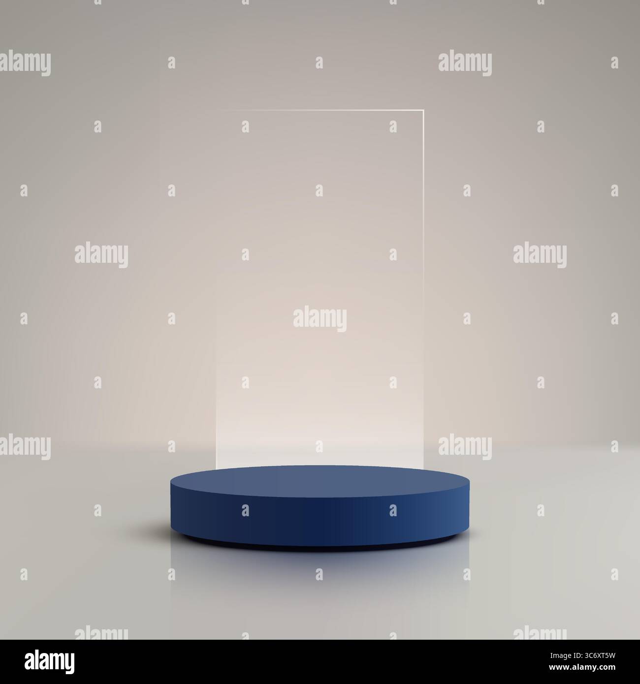Das runde marineblaue 3D-Podium steht vor einer durchsichtigen vertikalen Platte auf einer beigefarbenen reflektierenden Oberfläche für Produktpräsentationen und luxuriöse Markenkonzepte in Stock Vektor