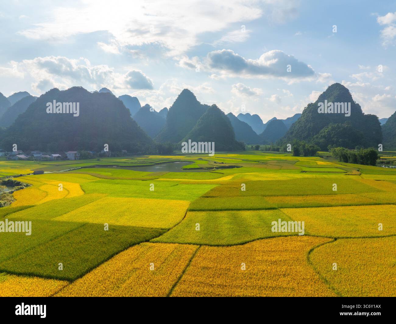 Aus der Vogelperspektive des Phong Nam-Tals, Provinz Cao Bang, Vietnam mit Fluss, Natur, Reisfeldern, wunderschönes Reiseziel in Nordvietnam. Reise und lan Stockfoto