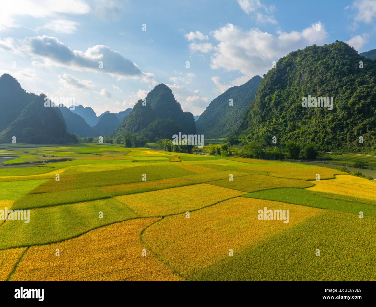 Aus der Vogelperspektive des Phong Nam-Tals, Provinz Cao Bang, Vietnam mit Fluss, Natur, Reisfeldern, wunderschönes Reiseziel in Nordvietnam. Reise und lan Stockfoto