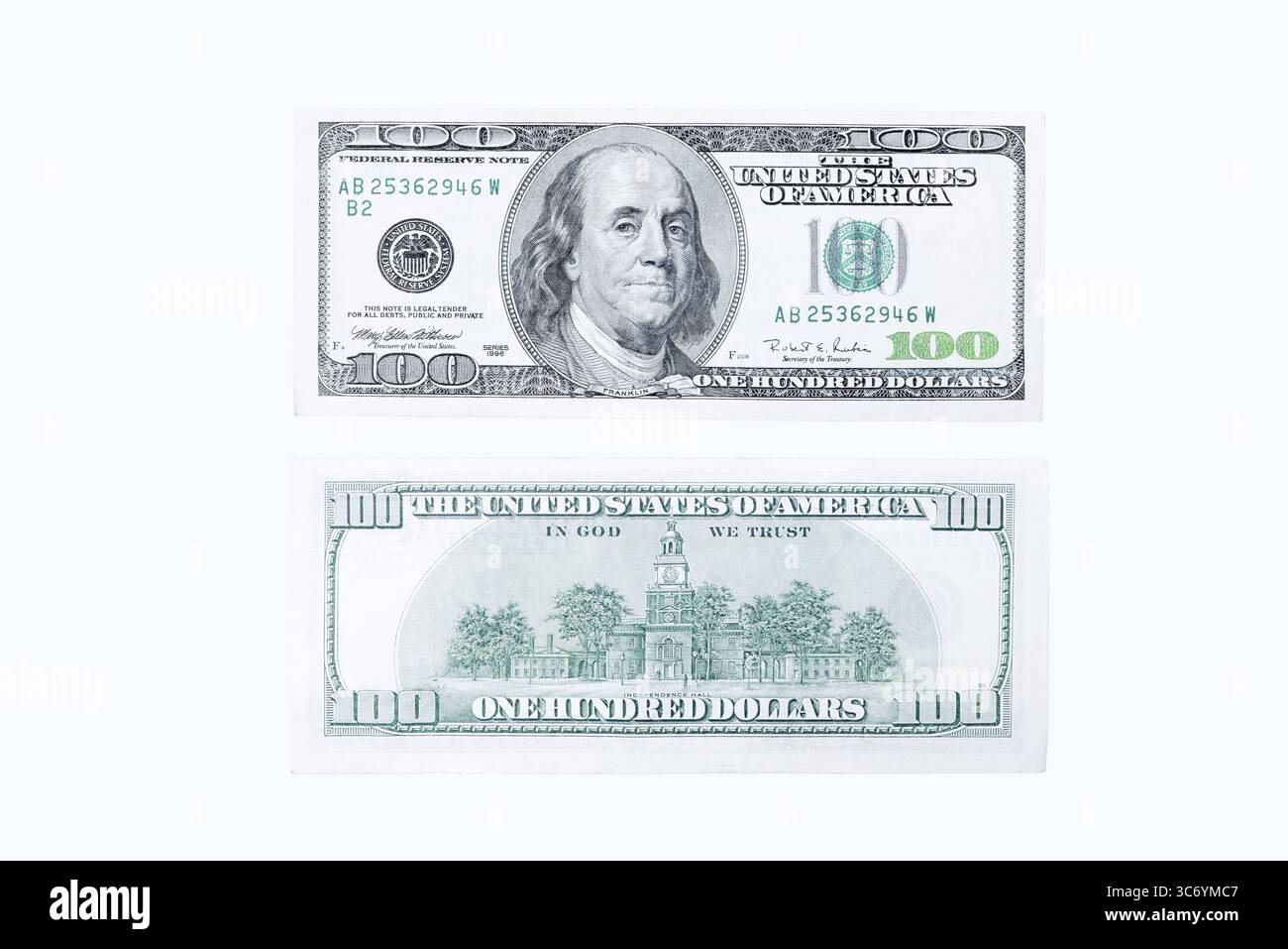 100-Dollar-Scheine, 100-Dollar-Banknoten auf weißem Hintergrund Stockfoto