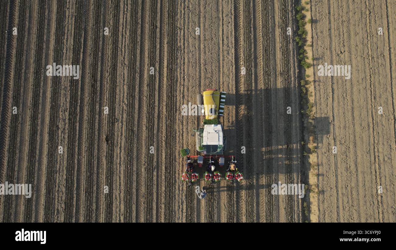Piacenza, Italien - 23. April 2023 Luftaufnahme eines Traktors, der Saatgut auf einem Feld anpflanzt, das landwirtschaftliche Technologie und moderne landwirtschaftliche Praxis demonstriert Stockfoto