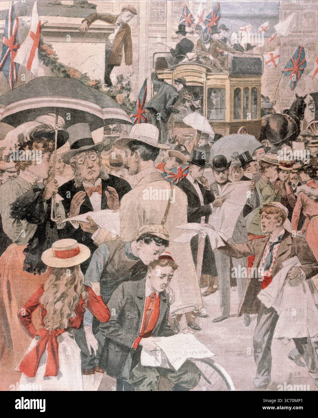 Burenkrieg - Le Petit Journal 1902 - Frieden wird verkündet - nach der Nachricht vom Abschluss des Friedens in Transvaal - zwei Burenkriege wurden zwischen dem Britischen Empire und den beiden unabhängigen Burenrepubliken, dem Orangen Freistaat und der Südafrikanischen Republik ( Transvaal Republik ) ausgetragen gegründet von Siedlern, die als Voortrekker bekannt sind, die den Great Trek aus der Kapkolonie machten - der Krieg, der am häufigsten als „Burenkrieg“ bezeichnet wird, ist der zweite Burenkrieg ©TopFoto Stockfoto