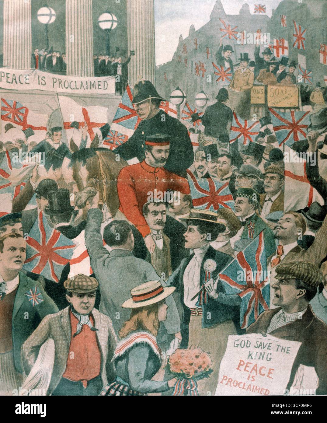 Burenkrieg - Le Petit Journal 1902 - Frieden wird ausgerufen - nach der Nachricht des Friedensschlusses in Transvaal - London in einem rasenden Wahnsinn - zwei Burenkriege wurden zwischen dem Britischen Empire und den beiden unabhängigen Burenrepubliken, dem Orange Freistaat und der Südafrikanischen Republik ( Transvaal Republic ) ausgetragen gegründet von Siedlern, die als Voortrekker bekannt sind, die den Great Trek aus der Kapkolonie machten - der Krieg, der am häufigsten als „Burenkrieg“ bezeichnet wird, ist der zweite Burenkrieg ©TopFoto Stockfoto