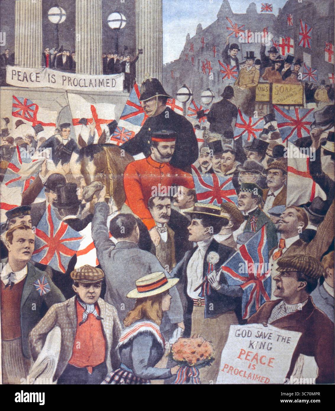 Burenkrieg - Le Petit Journal 1902 - Frieden wird verkündet - Gott rette den König - nach der Nachricht vom Abschluss des Friedens in Transvaal - zwei Burenkriege wurden zwischen dem Britischen Empire und den beiden unabhängigen Burenrepubliken, dem Orange Freistaat und der Südafrikanischen Republik ( Transvaal Republik ) ausgetragen gegründet von Siedlern, die als Voortrekker bekannt sind, die den Great Trek aus der Kapkolonie machten - der Krieg, der am häufigsten als „Burenkrieg“ bezeichnet wird, ist der zweite Burenkrieg ©TopFoto Stockfoto