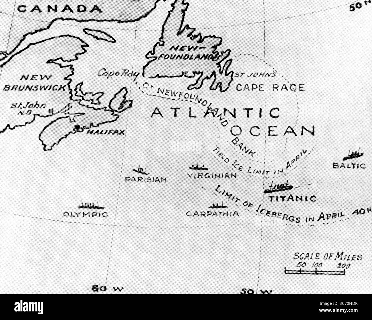 Der Schauplatz der Katastrophe der Titanic : das Feld-Eis und die Eisbergrenz und die ungefähren Positionen der verschiedenen Schiffe 1912 Stockfoto