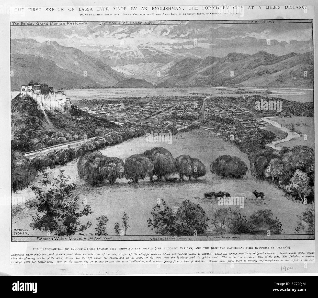 DIE ERSTE SKIZZE VON LASSA, DIE JEMALS VON EINEM ENGLÄNDER GEMACHT WURDE; DIE VERBOTENE STADT IN EINER MEILE ENTFERNUNG. (Gezeichnet von A. Hugh Fisher aus einer Skizze aus den Hiegths über Lassa von Leutnant Rybot, einem Offizier der Expedition.) (Auf dem Bild oben, von links nach rechts; Potala, Grand Lama's Residence. Flachdächer von Lassa City / Fluss Ki-Wy.) (Auf dem Bild, von links nach rechts; östlicher Weidenhain, königliche Anlage, Regentenpalast / Jo Khang, große buddhistische Kathedrale / Chinesische Residenz.) DAS HAUPTQUARTIER DES BUDDHISMUS: DIE HEILIGE STADT MIT DEM POTALA (BUDDIHST VATIKAN) UND DEM JO-KHANG Stockfoto
