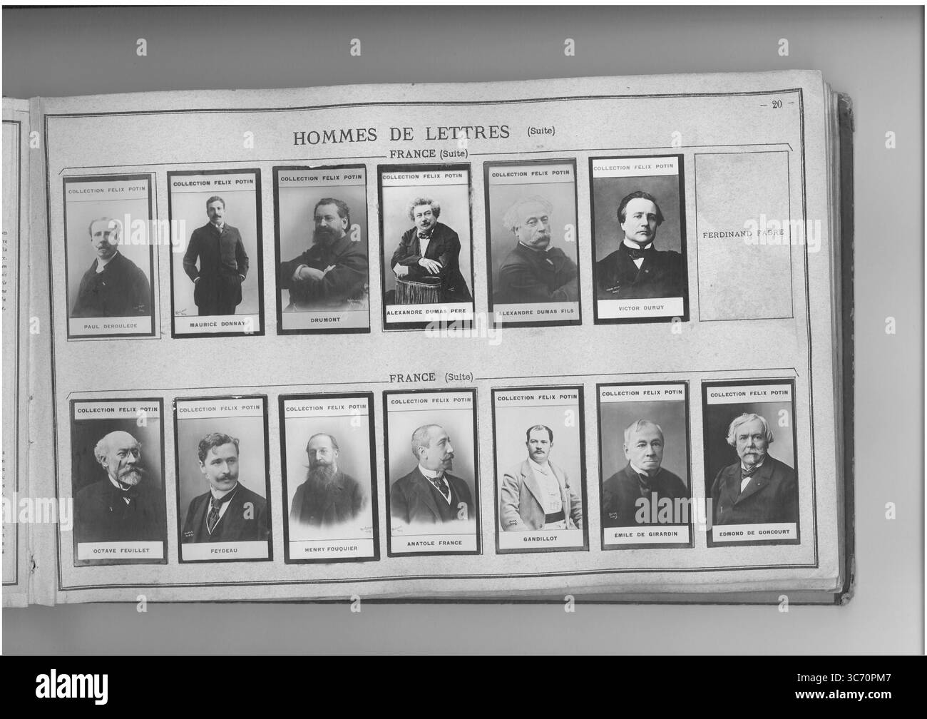 SAMMLUNG FELIX POTIN HOMMES DE LETTRES (oberste Reihe l-r) FRANKREICH: Deroulede (Paul) - Donnay (Maurice) 1860 1838-1901 1806-1881 - Drumont (Edouard) 1844 1822-1896 - Dumas Pere (Alexandre) 1803-1870 - Dumas Fils (Alexandre) 1824-1895 - Duruy (Victor) 1811-1894 HOMMES DE LETTRES (unterste Reihe l-r) FRANKREICH: Feuillet (Octave) 1821-1890 - Feydeau (Geroges) 1863 - Foulot (1862 - Foulot de Giron (1844) FRANKREICH - Foulot de de Girl (1846 - Foulot Stockfoto
