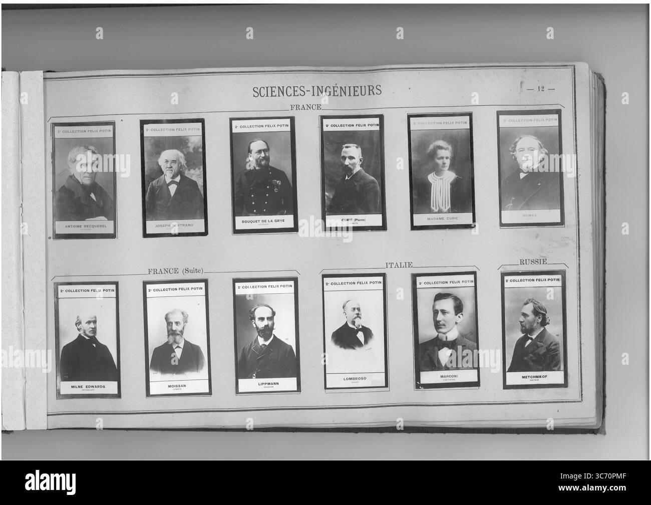 SAMMLUNG FELIX POTIN SCIENCES-INGENIEURS (oberste Reihe l-r) FRANKREICH: Becquerel (Antyoine-Cesar) 1788-1878 1875 - Bertrand (Joseph) 1822-1900 1845 - Bouquet de la Grye (Jean-Jacques-Anatole) 1827 - Curie (Pierre) 1859-1906 - Madame Curie (geb. Marie Sladowoska) 1867 - Dumas (Jean-Baptiste) 180-1884 (unterste Reihe l-r) FRANKREICH: Milne Edwards (Alphonse (1852-1907) Ippi (1845) Ippi) Ippi (Ipponse) Eppi (1835-1900) Ippi) Ippi (Ippi) Ippi (1836 Stockfoto