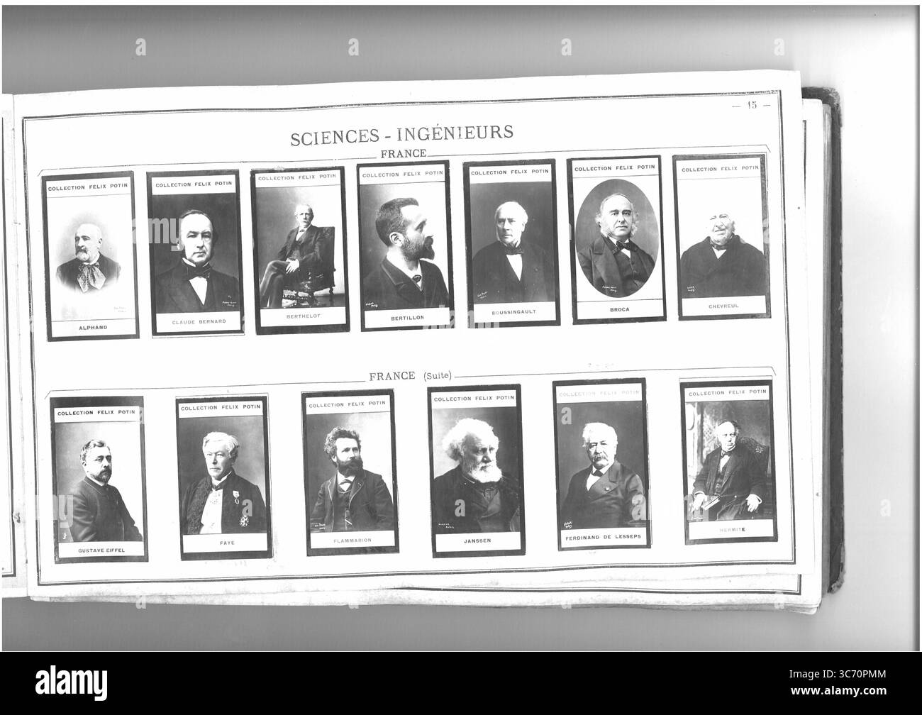 SAMMLUNG FELIX POTIN SCIENCES-INGENIEURS (oberste Reihe l-r) FRANKREICH: Alphand (Jean-Charles-Adolphe) - Bernard (Claude) 1813-1878 - Berthelot (Marcelin) 1827 1814-1902 1822-1901 - Bertillon (Alphonse) 1853 - Boussingault (Jean-Baptiste) 1802-1887 1842 - Broca (Paul) 1824-1880 - Chevreul (Eugene) 1786-1889 (untere Reihe l-r) FRANKREICH: Gustave Eiffel 1832 - Fassen de Lessemitte (1824 - Fassen de Lesariste) (1805-1894 - 1817-1891) Stockfoto