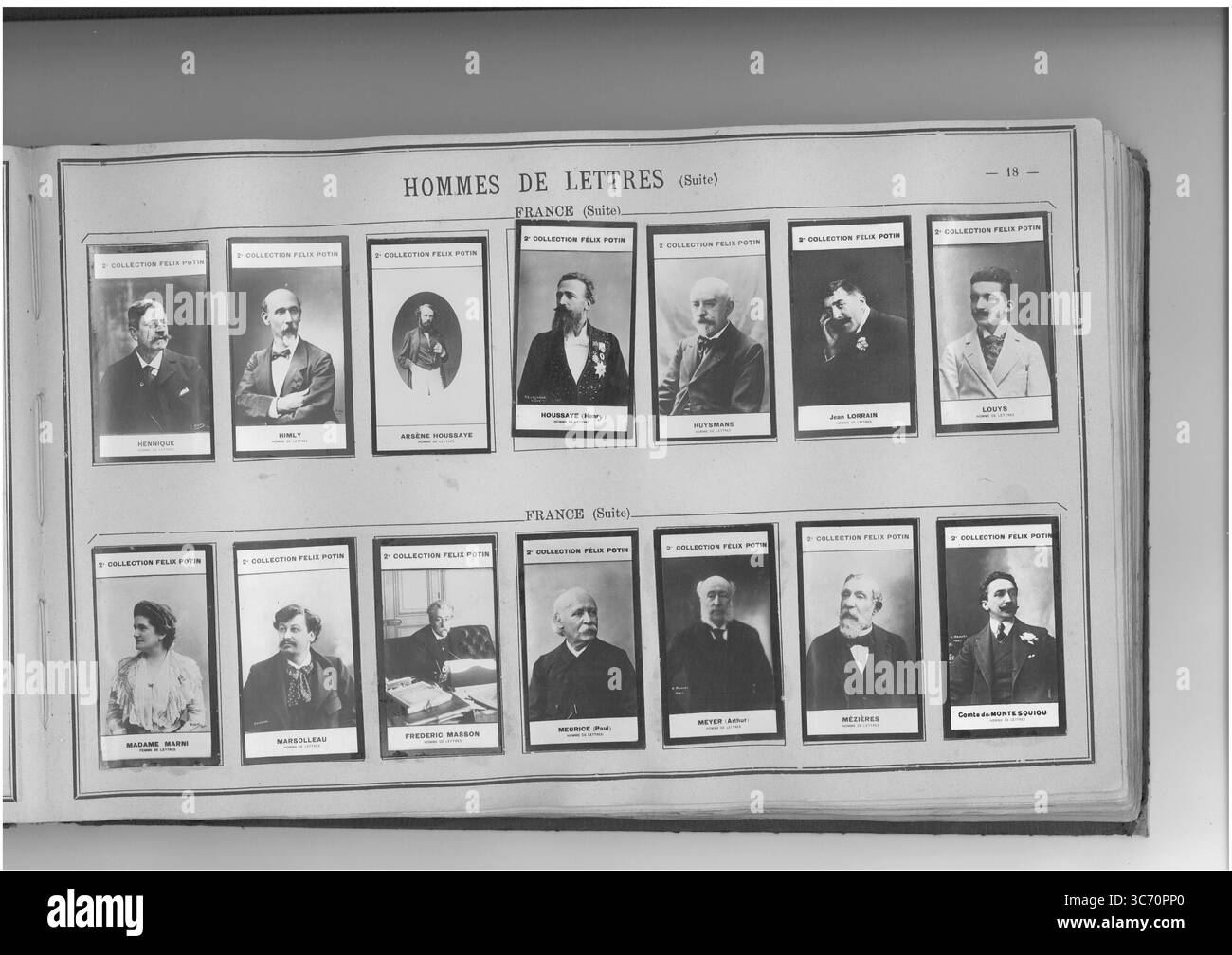 SAMMLUNG FELIX POTIN HOMMES DE LETTRES (oberste Reihe l-r) FRANKREICH: Hennique (Leon) 1851 1847-1923 1820-1905 - Himly (Louis-Auguste) - Houssaye (Arsene) - Houssaye (Henry) 1848 - Huysmans (Joris-Karl) 1848 - Jean Lorrain 1855-1906 - Louys (Pierre) 1870 (untere Reihe l-r) FRANKREICH: Marne (J. - Femme de lettres) 1854 - Marysmans (Jean Mezieré de Lettres) 1864 - - - Mezierau (1845 - - Mezieré de Massurice - - - Mezierau (Louis Mezieré de Massurice de Marquéréréréréréréré - - 1826 - 1825-1906 - 1815-1896 - Marquérice de Marquiesic 1855) Stockfoto