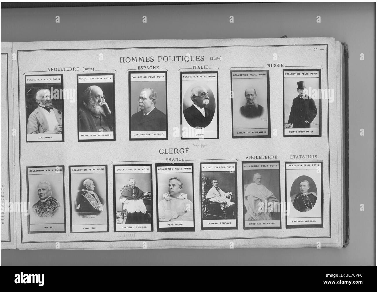 SAMMLUNG FELIX POTIN HOMMES POLITIQUES (oberste Reihe l-r) ANGLETERRE: Gladstone (William-Ewarth) 1809-1898 1782-1878 1808-1892 - Marquis de Salisbury (Robert-Arthur-Talbot Marquis de) 1830 1810 1834 ITALIE: Crispi (Francois) 1819-1901 RUSSIE: Mohrenheim (Arthur-Pawlovich Baron de) 1824 - Mourawieff (Michel 1819-Nicolaievitch comte de) 1845-1900 CLERGE 1840-1900 1828 Stockfoto