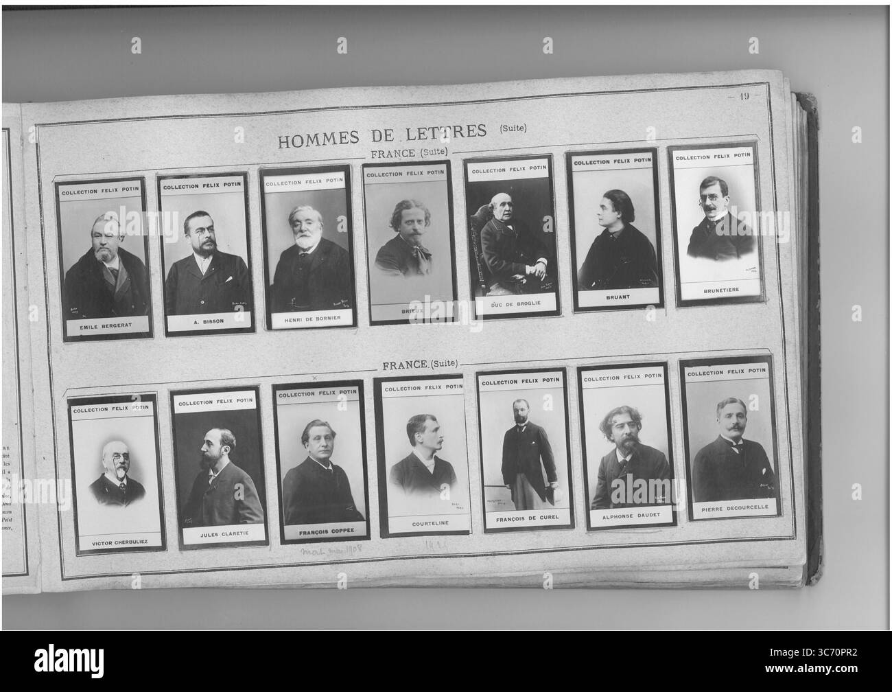 SAMMLUNG FELIX POTIN HOMMES DE LETTRES (oberste Reihe l-r) FRANKREICH: Bergerat (Emile) 1845 1929-1899 1861 - Bisson (Alexandre) 1848 1840 1854 - Bornier (Henri vicomte de) 1825-1901 1842 1840-1897 - Brieux (Eugene) 1858 - Broglie (Albert duc de) 1821-1901 - Bruant (Aristide) 1851 - Brunetiere (Ferdinand) 1849 HOMMES de LETTRES (untere Reihe l-r 1857 Stockfoto