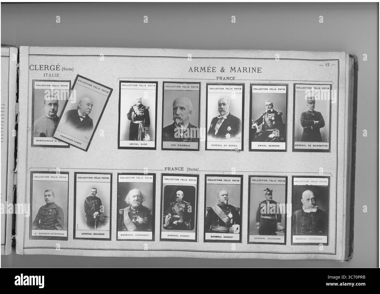 SAMMLUNG FELIX POTIN CLERGE (oberste Reihe l-r) ITALIE: Monseigneur di Rende (Camillo di)) 1847-1897 - Ferdinand Fabre ARMEE UND MARINE FRANKREICH: Admiral Aube (Hyacinthe-Laurent-Theophile) 1826-1890 - Aumale (Henri d'Orleans, Duc d') 1822-1897 - General du Barail (Charles) 1820 - Admiral Besnard (Armand) 1833 - General de Boisdeffre (Charles) 1839) FRANKREICH General Borgnis-Desbordes (Gaston) 1859-1901 - General Brugere (Henri) 1841 - Marechal Canrobert (Francois Certain) 1809-1895 - General Chanzy (Antoine-Eugene-Alfred) 1823-1883 - General Davout (Leopold) 1829 Stockfoto