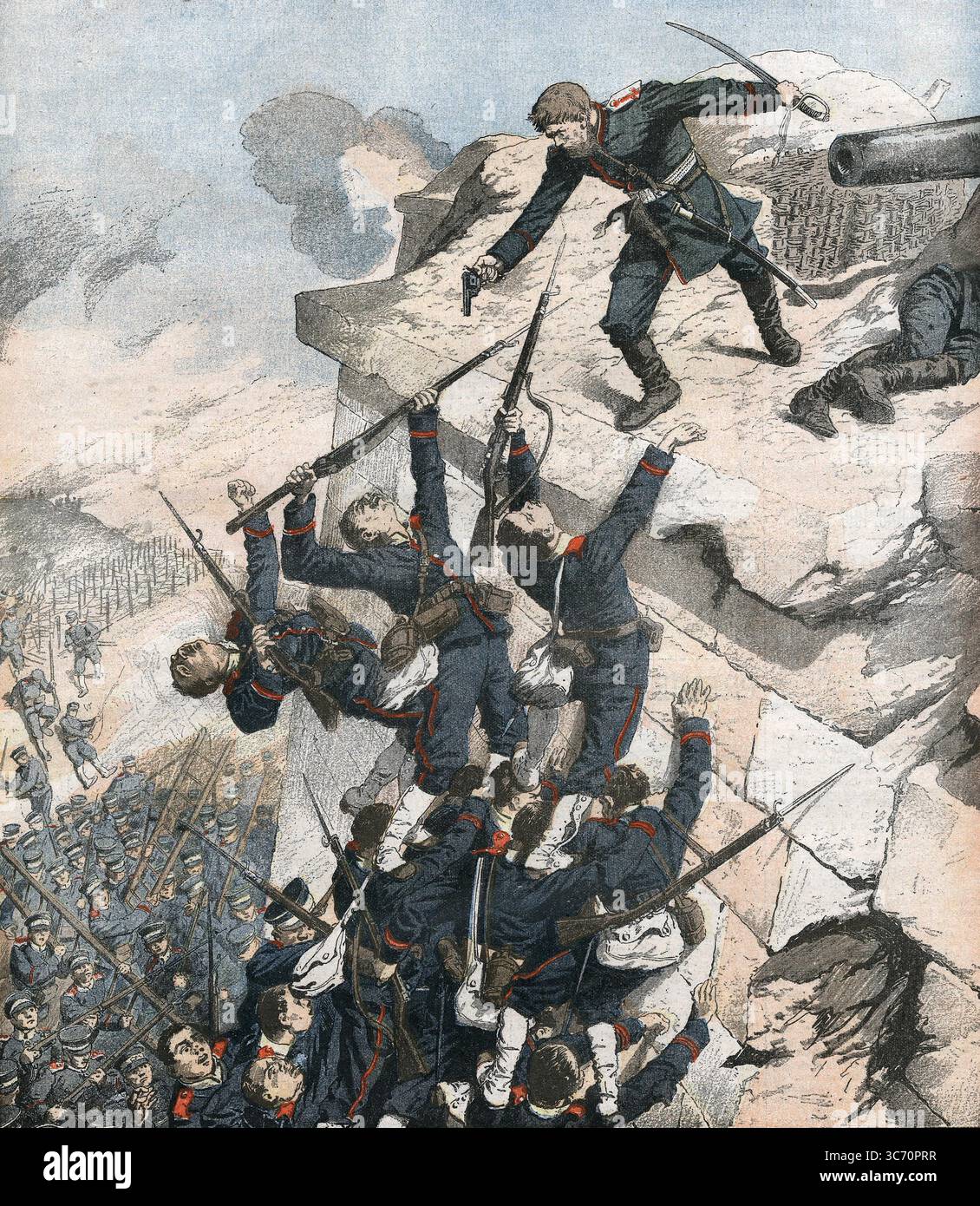 Captain Lebedief verteidigt heldenhaft die Bastion in Port Arthur, Russisch-Japanischer Krieg, 1904-5. Vom Le Petit Journal, 25. September 1904. Stockfoto