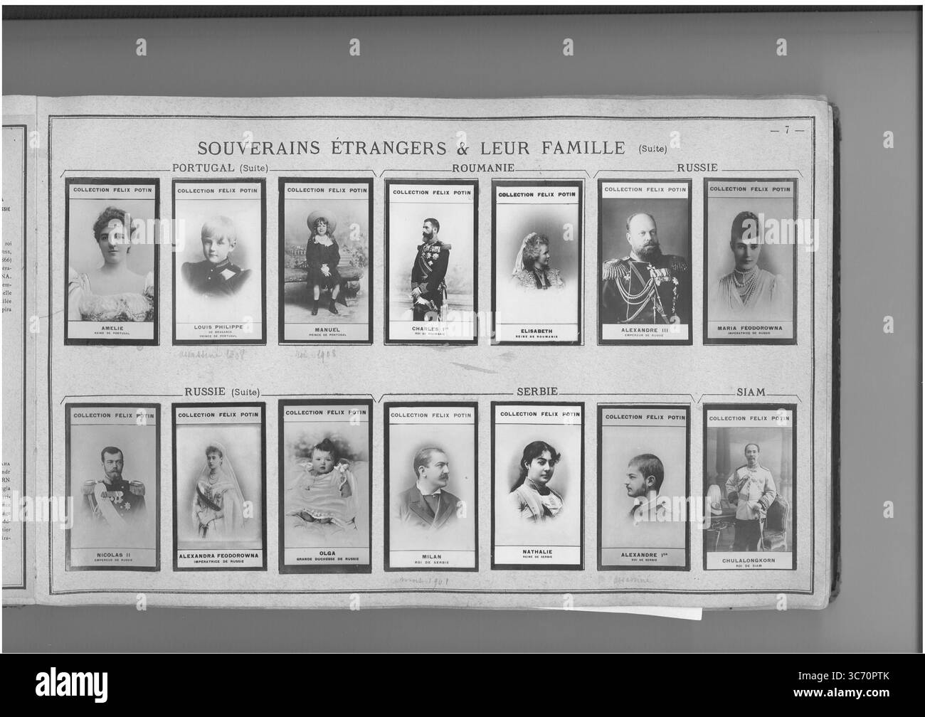 SAMMLUNG FELIX POTIN SOUVERAINS ETRANGERS & LEUR FAMILLE (oberste Reihe l-r) PORTUGAL: Amelie (reine de Portugao) 1865 - Louis Philippe (Prinz Royal de Portugal) 1887 - Manuel (Prinz de Portugal) 1889 ROUMANIE: Charles I (ROI de ROUMAINE) 1839 - Elisabeth (reine de ROUMANIE) 1843 RUSSIE: Alexandre III (Empereur de RUSSIE) 1845-1894 - Maria Feodora (Imperatrice) 1847 Nicolas II (Kaiser von Russie) 1868 - Alexandra Feodorowna (Imperatrice de Russie) 1872 - Olga (Grande-Duchesse de Russie) 1895 SERBIE: Milan I (ROI de Serbie) 1854-1901 Stockfoto
