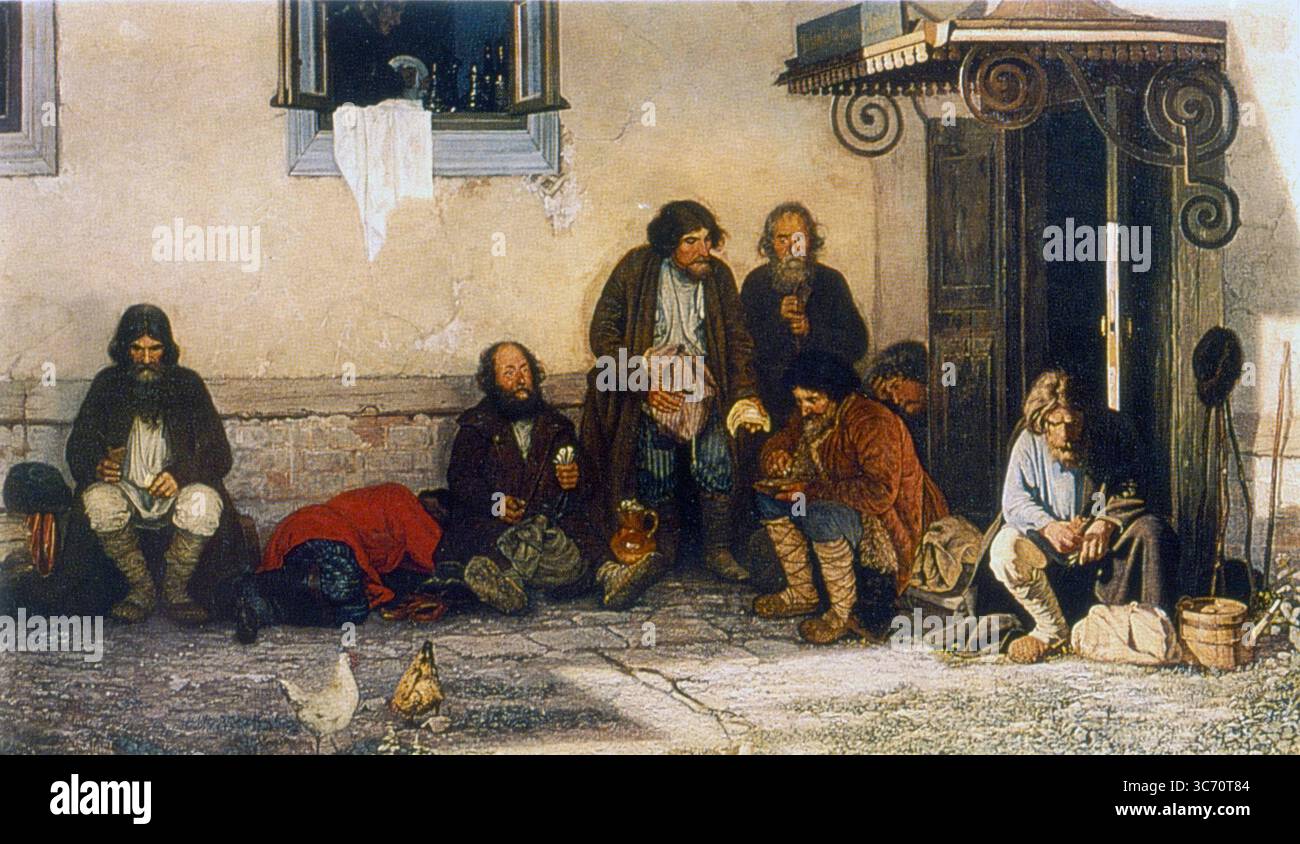 Das Zemstvo isst Mittagessen, 1872 das Zemstvo speist von Grigorii Miasoedow (1835–1911) 1864 kündigte Alexander II. An, dass er jedem Bezirk erlaube, Zemstwos einzurichten. Es handelte sich um Gemeinderäte mit Befugnissen, Straßen, Schulen und medizinische Dienste bereitzustellen. Das Wahlrecht war jedoch auf die Reichen beschränkt. Die Hauptfunktion dieser Organe war die Erziehung der Bauern. Während des Ersten Weltkrieges übernahm sie jedoch allmählich die Ernährung und Kleidung der russischen Armee. Nach der Februarrevolution wurden die Semstwos von der Provisorischen Regierung demokratisiert Stockfoto