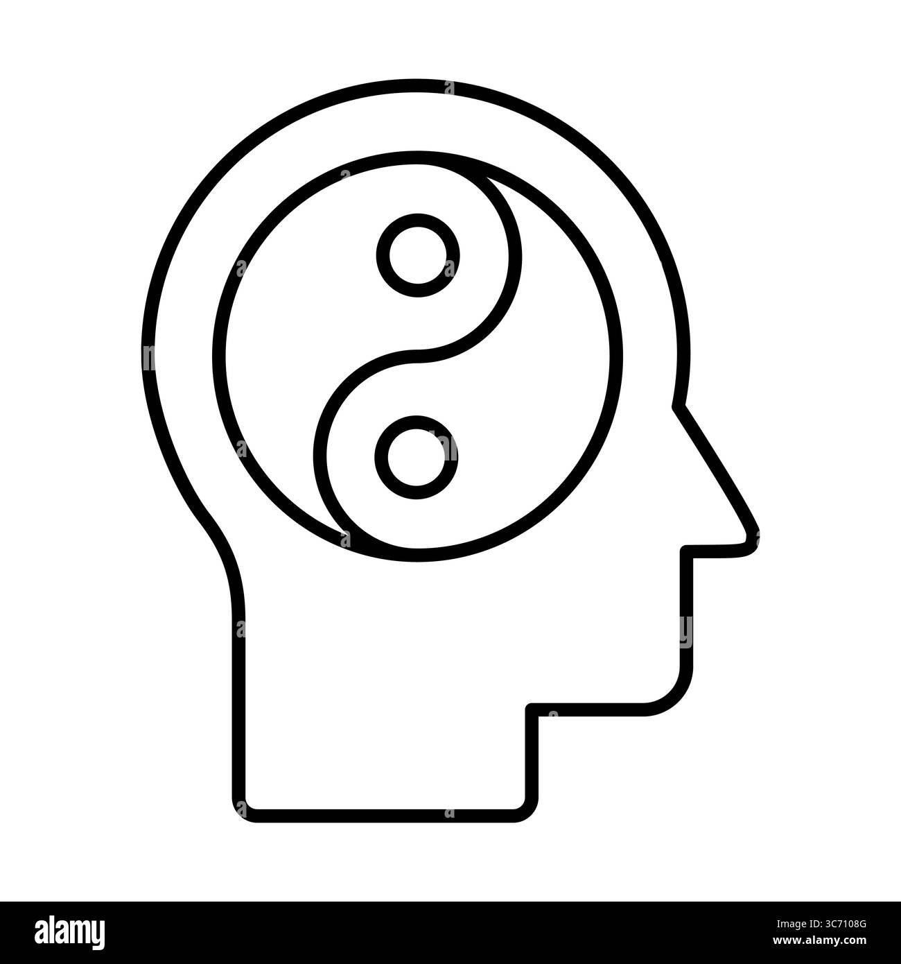 Kopf mit einem Yin Yang Symbol. Balance, Achtsamkeit, Dualität und Harmonie von Geist und Geist. Illustration, die spirituelles Wachstum symbolisiert Stock Vektor