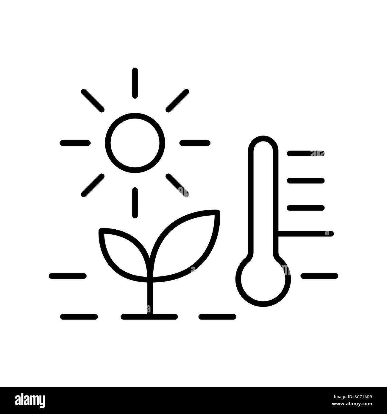 Das Bild zeigt eine Pflanze, die unter Sonnenlicht wächst, mit einem Thermometer, das den Zusammenhang zwischen Klima, Temperatur und Pflanzengesundheit in einem darstellt Stock Vektor