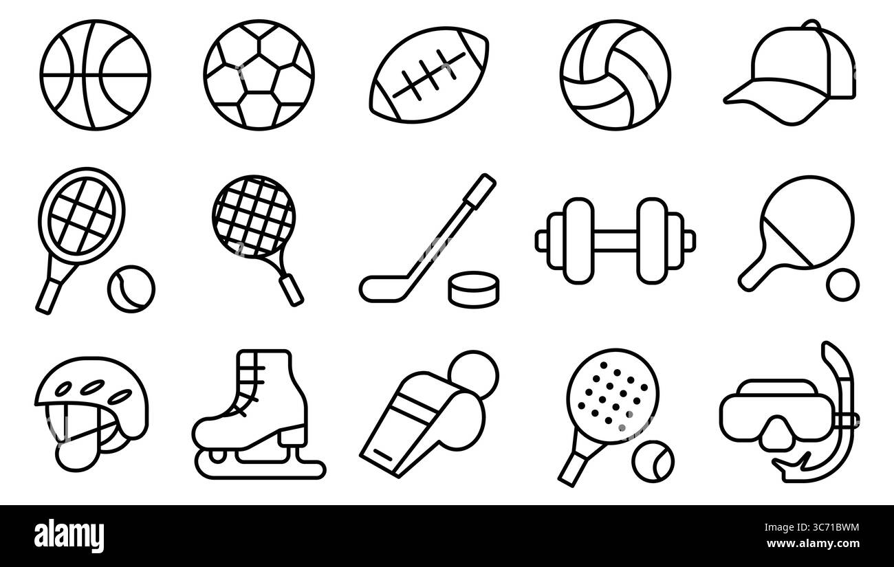 Eine optisch ansprechende Kollektion verschiedener Sportgeräte und Accessoires, in der Gegenstände wie Bälle, Schläger und Gewichte in einem sauberen, linearen styl präsentiert werden Stock Vektor