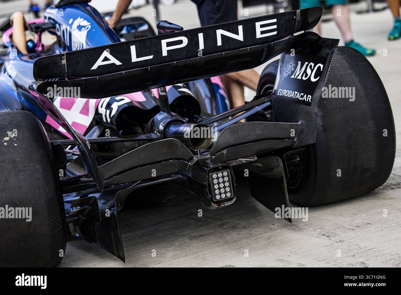 Heckdiffusor, Alpine F1 Team A525, mechanische Details beim Großen Preis von Lenovo Ungarn 2025, 14. Runde der FIA Formel-1-Weltmeisterschaft 2025 vom 1. Bis 3. August 2025 auf dem Hungaroring in Mogyorod, Ungarn Stockfoto