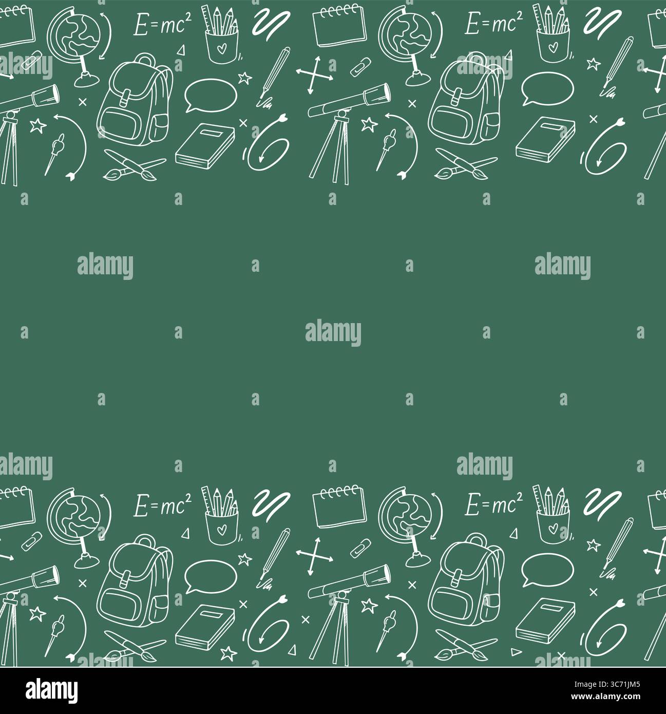 Zurück zur Schule. Abstrakte Tafel. Nahtloses Randmuster mit Schulutensilien im Doodle-Stil auf grünem Hintergrund. Skizzenhafter Hintergrund mit handgezeichneten Schulelementen. Design für Ihr Unternehmen. Vektorabbildung Stock Vektor