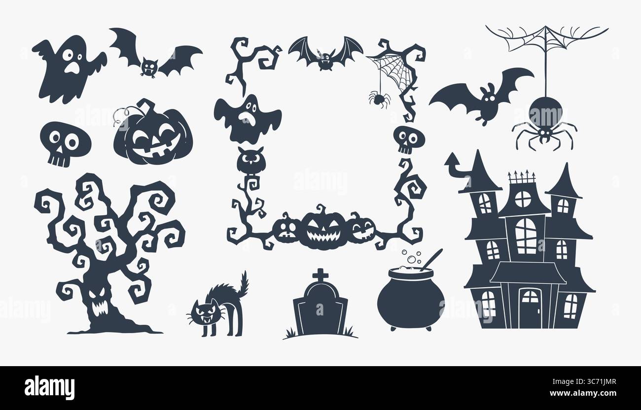 Halloween-Silhouetten. Niedliches, von Hand gezeichnetes, isoliertes Design-Set, perfekt für Stickerdesigns, Partyeinladungen, Drucke und Bastelprojekte. Vektorillu Stock Vektor