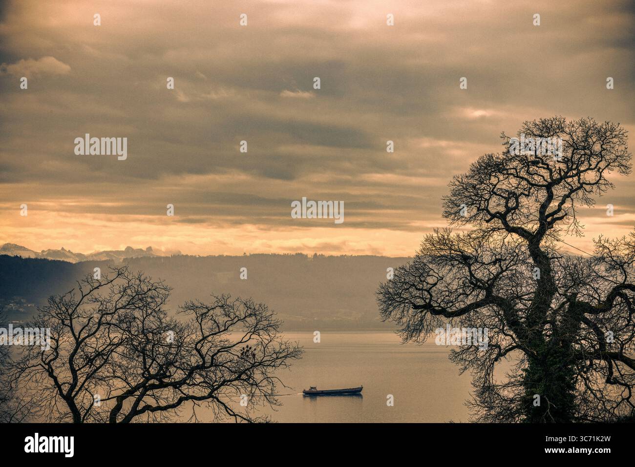 Malerischer Blick auf den Neuchâtel-See (Lac de Neuchâtel) mit den Berner Alpen im Hintergrund, Neuchâtel, Schweiz. Stockfoto