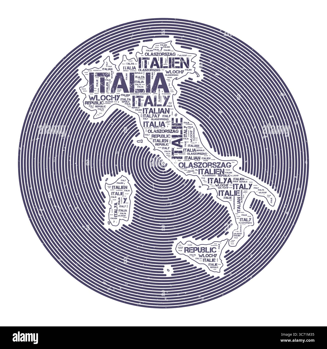 Vektorbild Italien. Country Round-Logo-Design. Italien-Poster in Kreisbögen und Wortwolken-Stil. Künstlerische Vektorillustration. Stock Vektor