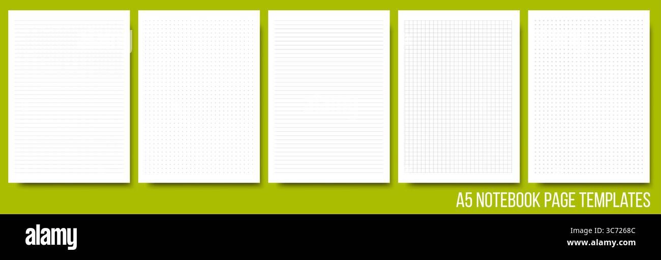 Notizblock-Seitenlayouts in liniertem, quadratischem, gepunktetem und kreuzförmigem Muster. Hinweis: Notizbuchpapier im Hintergrund. Vektorabbildung. Sammlung von weiß Stock Vektor Notizblock-Seitenlayouts in liniertem, quadratischem, gepunktetem und kreuzförmigem Muster. Hinweis: Notizbuchpapier im Hintergrund. Vektorabbildung. Sammlung von weiß Stock Vektor