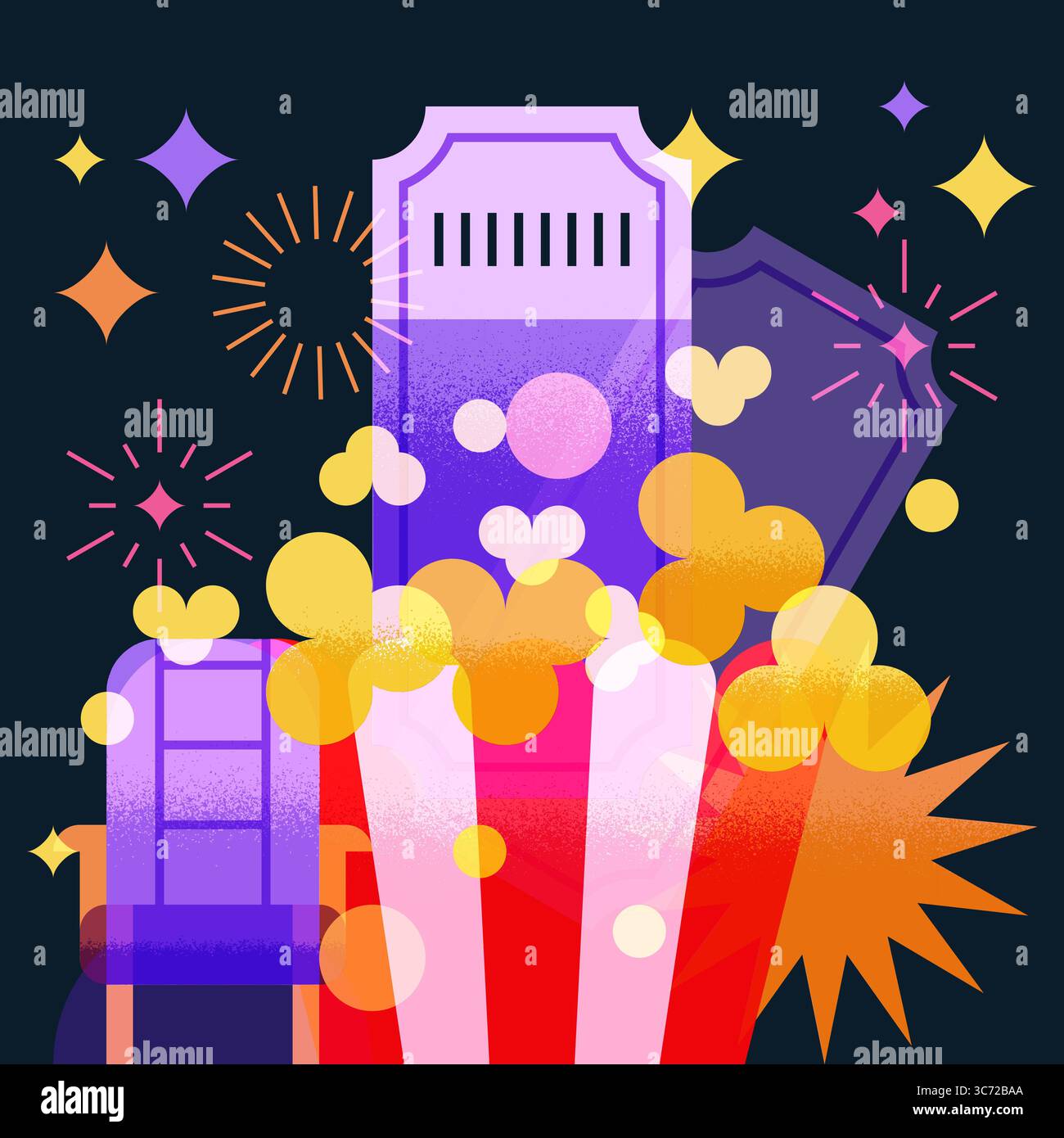 Vektor flache geometrische Illustration mit Popcorn, Kinokarte, Stuhl, Sternen und Feuerwerk. Design-Elemente für Filmabende, Werbung für Filmfestivals Stock Vektor