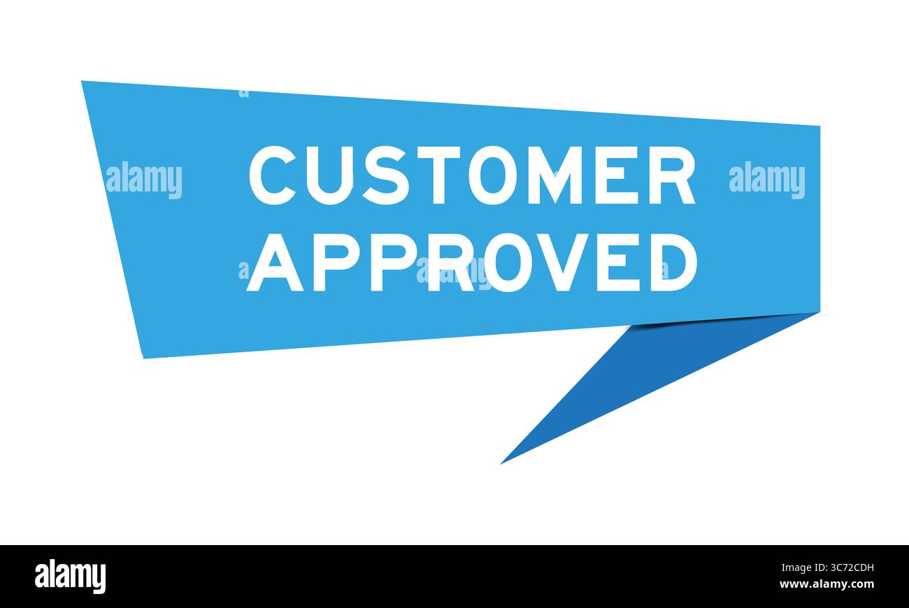 Blaues Sprachbanner mit Wort, das vom Kunden genehmigt wurde, auf weißem Hintergrund Stockfoto