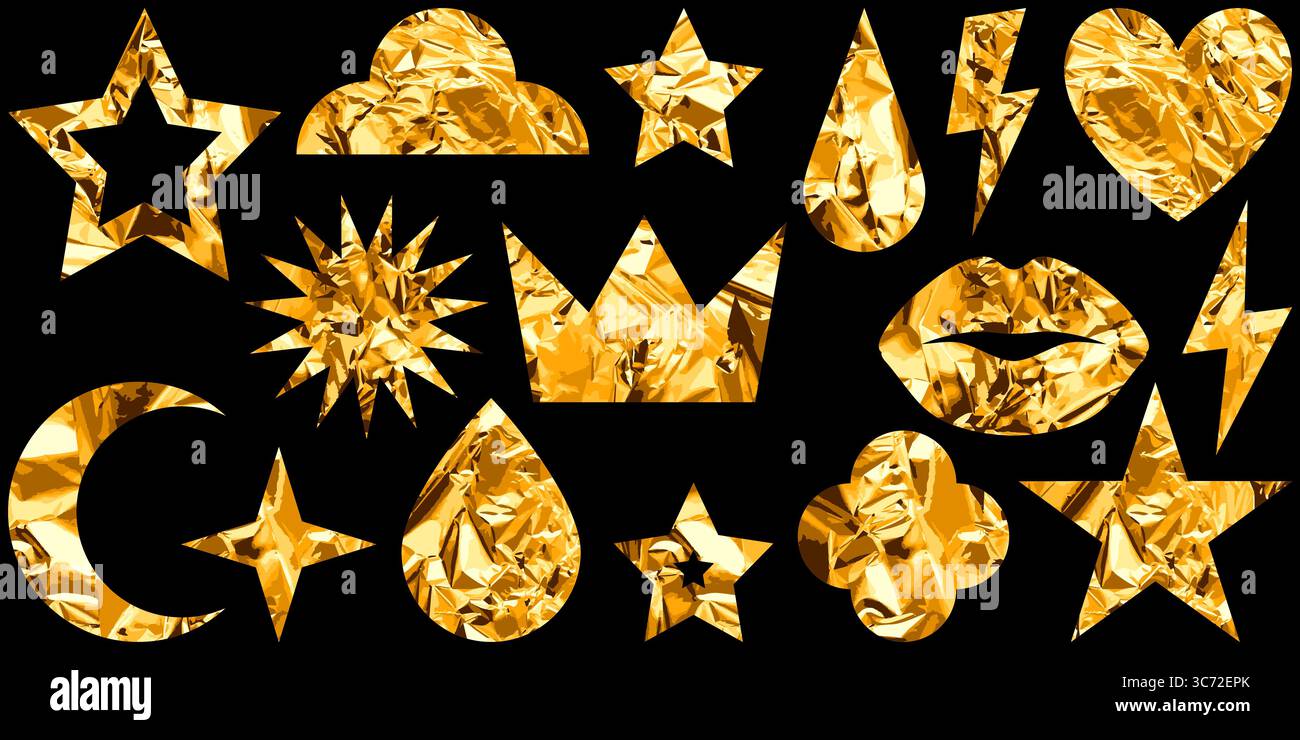 Vektordesign-Symbole mit realistischer goldener Folienstruktur. Glänzende Metallic-Illustrationen von Stern, Herz, Lippen, Tropfen, Mond, Flash, Krone für Luxus-pac Stock Vektor