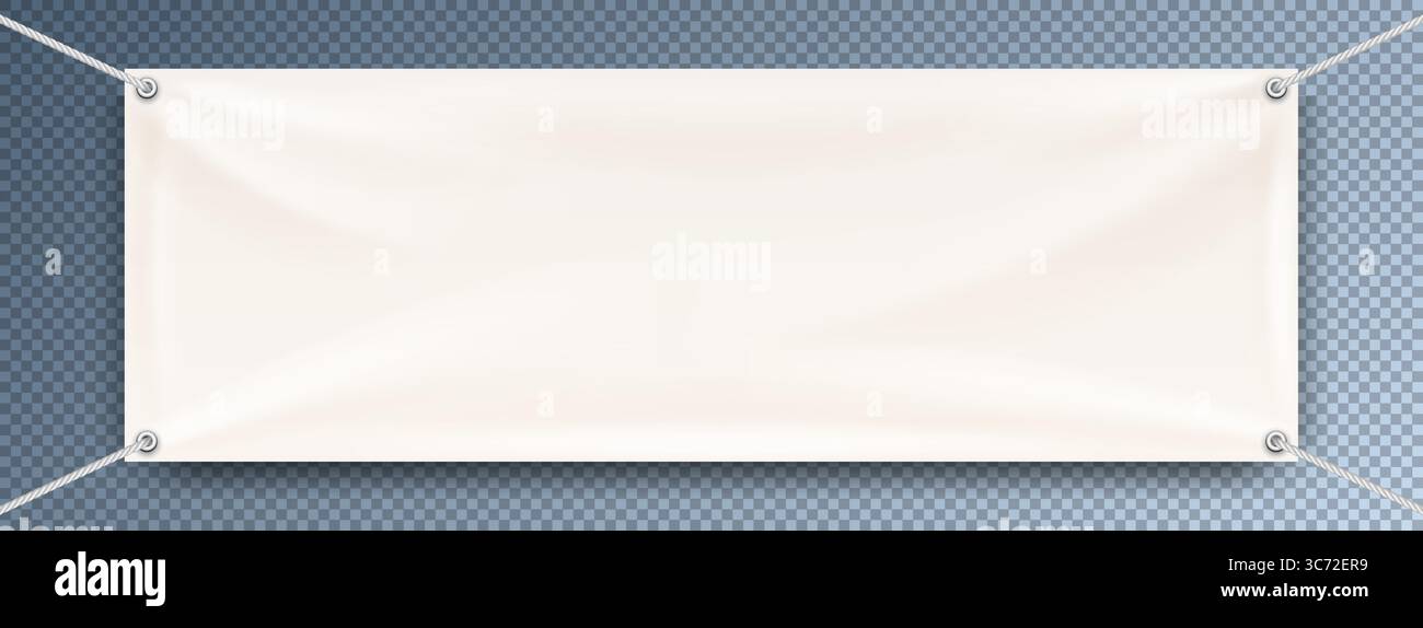 Weißes Muster-Textilbanner mit Ösen an den Ecken und weißen Seilen. Hängende Werbebanner Vektorvorlage isoliert auf Transparent Stock Vektor Weißes Muster-Textilbanner mit Ösen an den Ecken und weißen Seilen. Hängende Werbebanner Vektorvorlage isoliert auf Transparent Stock Vektor