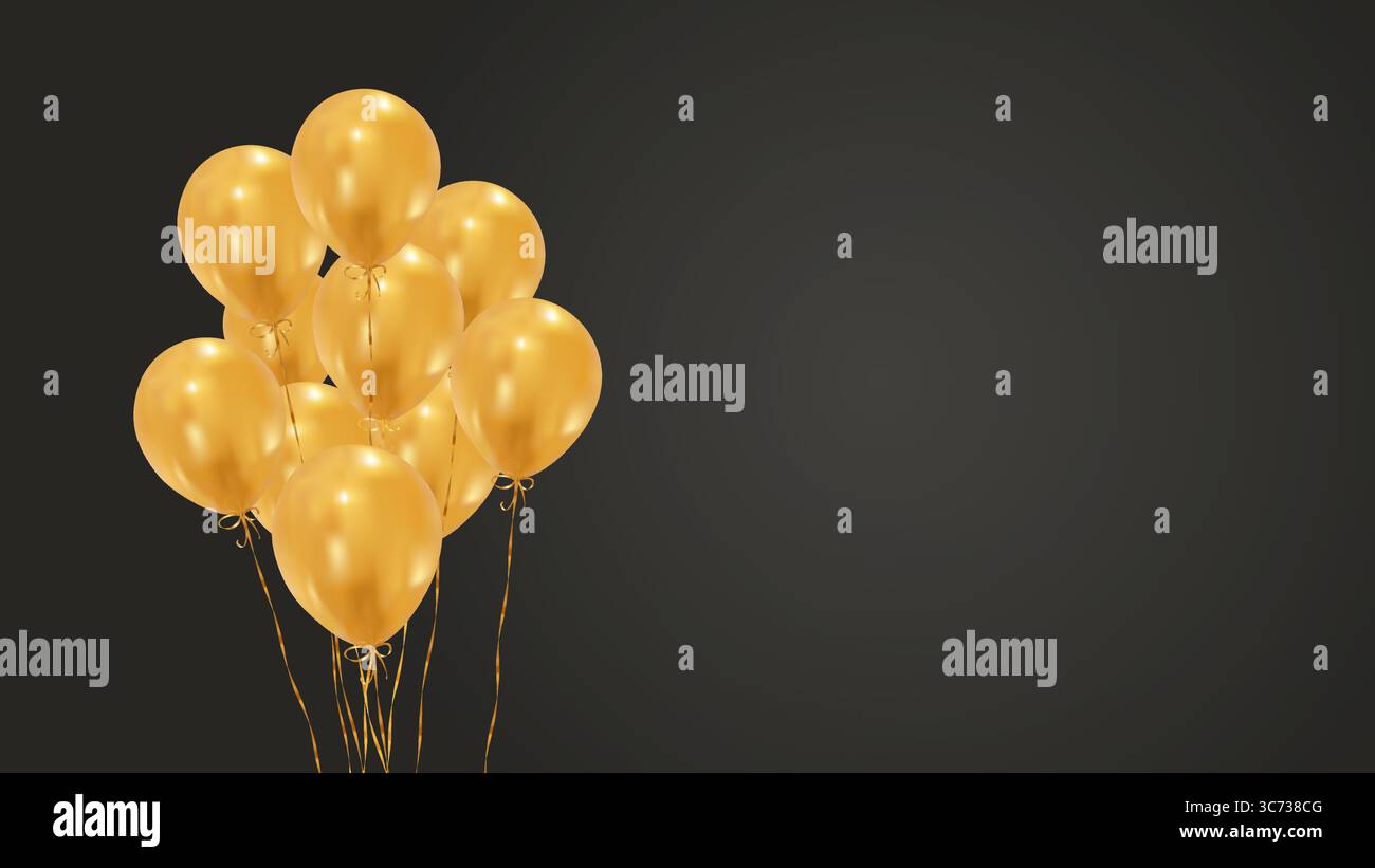 Ein Haufen goldener Ballons auf schwarzem Hintergrund. Glänzende Ballonbänke feiern, Jubiläum, festliches Banner. Stock Vektor