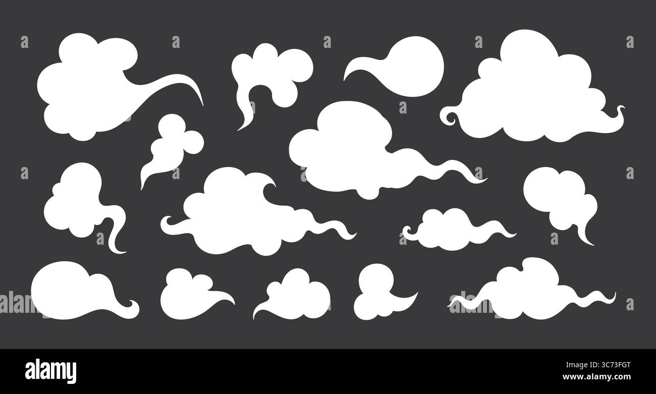 Set aus weißen Wolken in verschiedenen Formen. Hand gezeichnete leere Kritzelwolken. Vektorabbildung Stock Vektor