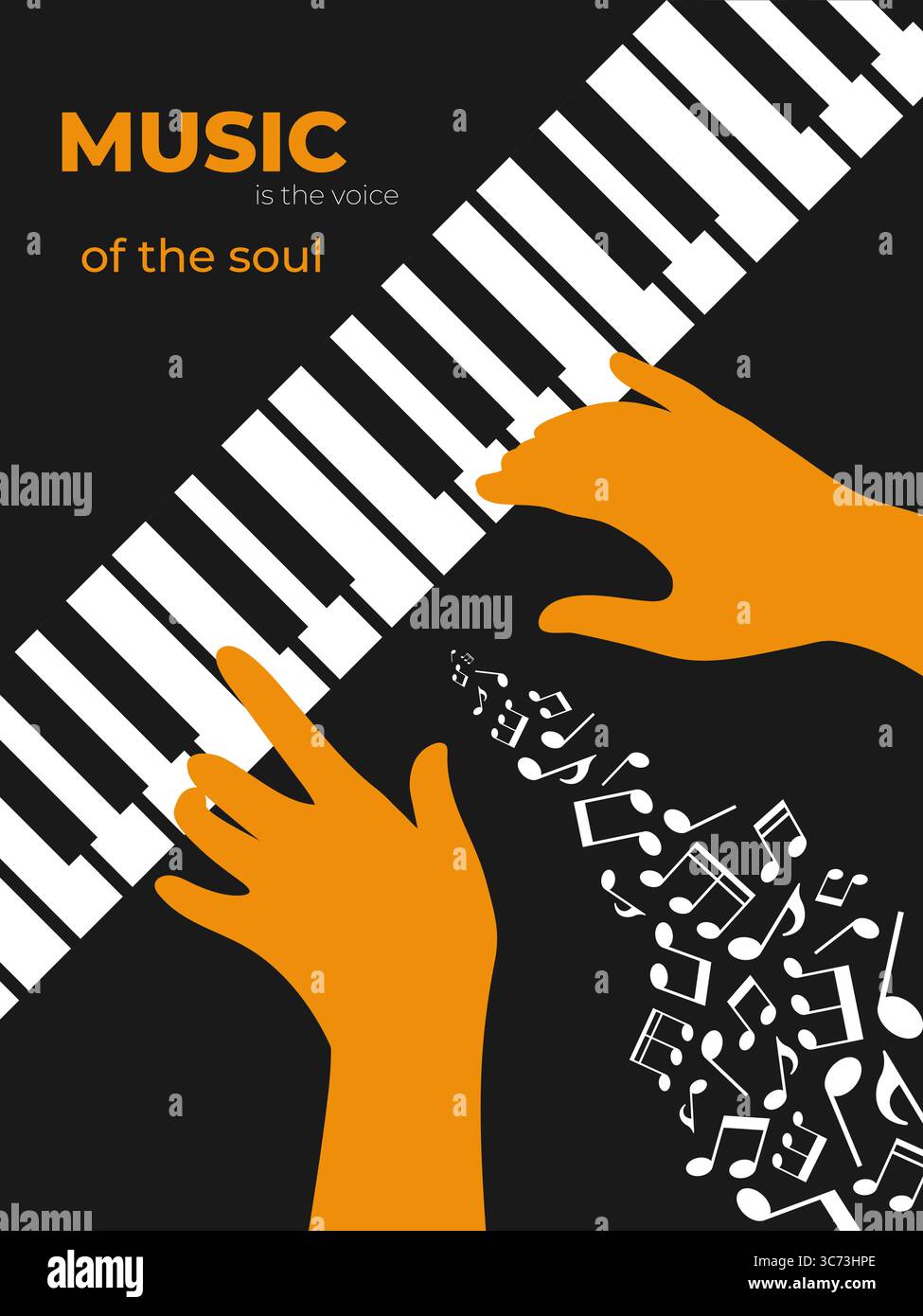 Musik-Poster-Design mit menschlichen Händen, die Klavier und Noten spielen. Minimalistischer Musikhintergrund. Vektorabbildung Stock Vektor