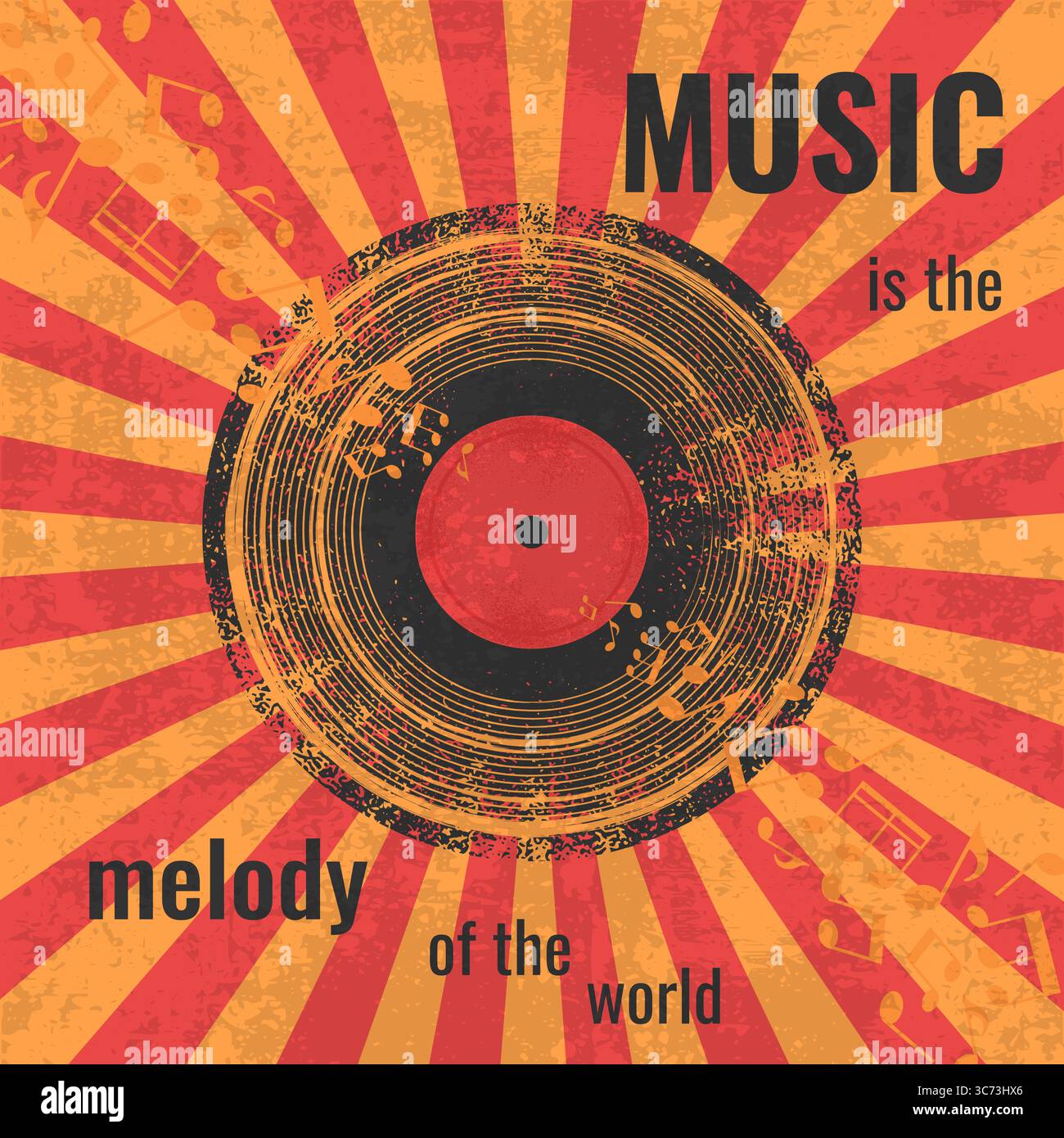 Vektor-Musik-Poster-Vorlage mit Silhouette von Schallplatten und Notizen auf Grunge-Rays Hintergrund. Inspirierende Zitate Musik ist die Melodie der Welt Stock Vektor