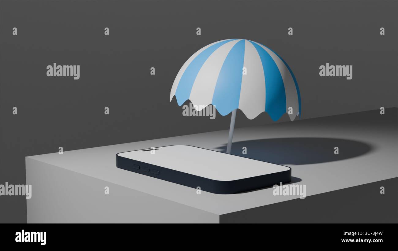Smartphone mit weißem Bildschirm unter Sonnenschirm als Sommervorlage für Mobile App Design, Internet, Freizeit und Technologiekonzept im Sommer Stockfoto