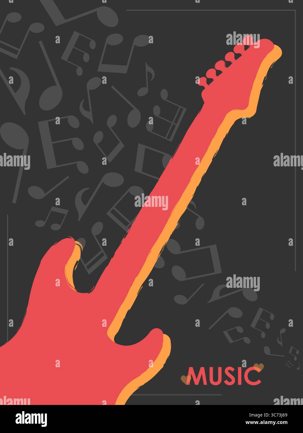 Minimalistisches Musik-Poster-Design mit elektrischer Gitarre und Noten. Vektorabbildung Stock Vektor