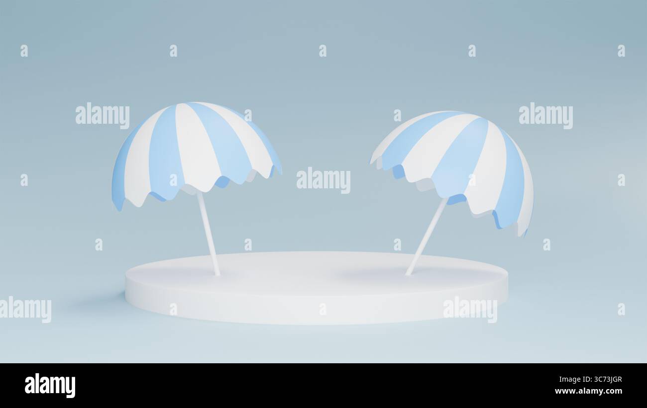 Zwei Sonnenschirme auf weißem Sockel auf blauem Hintergrund, eine Vorlage für Sommerwerbung und Banner Stockfoto
