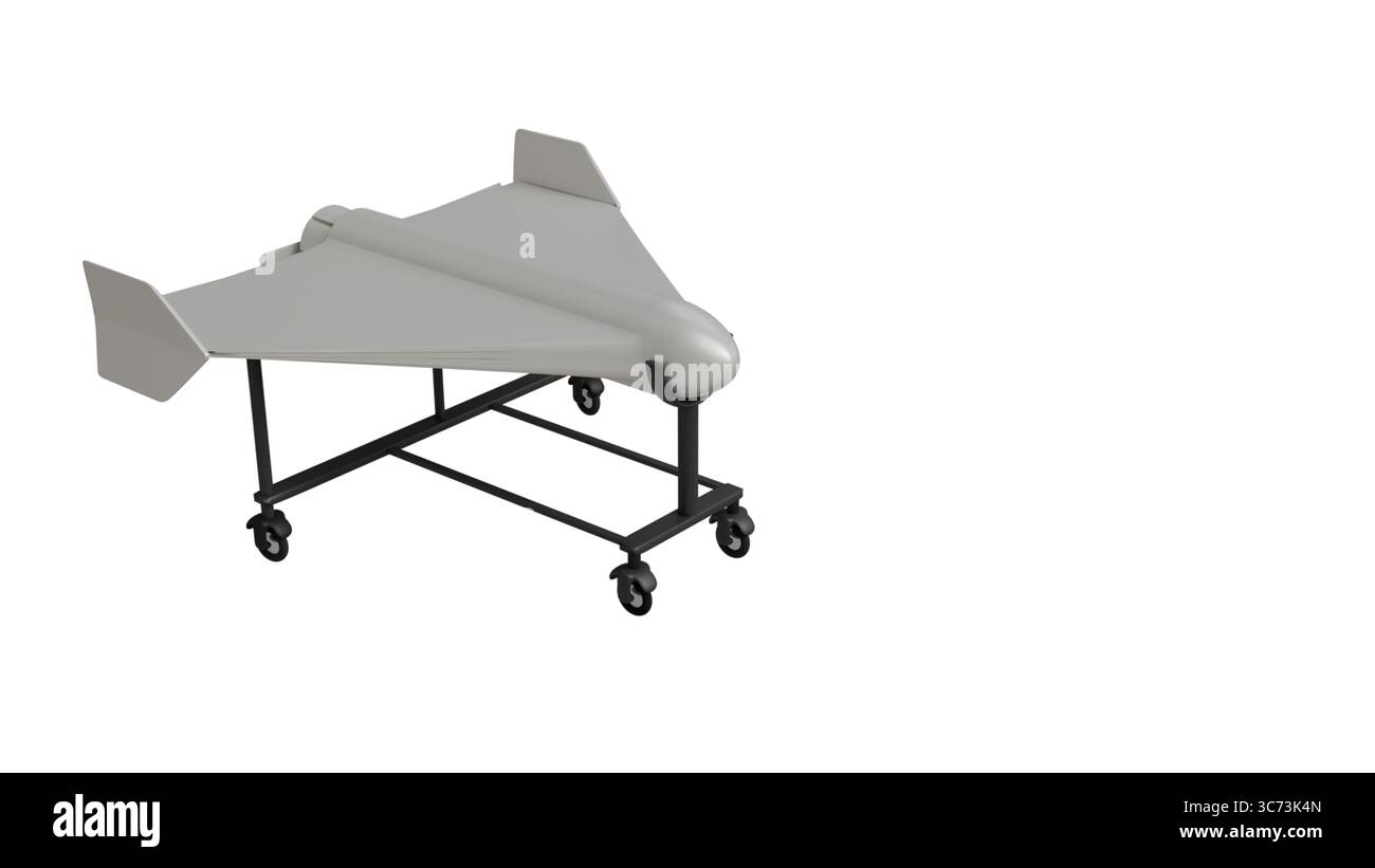Unbemanntes Luftfahrzeug steht auf einem Stand auf weißem Hintergrund, 3D-Modell der Drohne für Krieg, Terrorismus und Drohnenkrieg Stockfoto