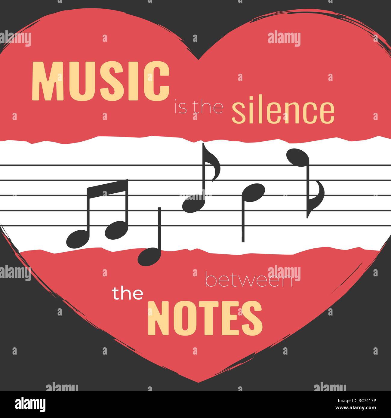 Musikplakat mit Musicalpartitur auf herzförmigem Hintergrund. Zitat Musik ist das Schweigen zwischen den Noten. Vektorabbildung Stock Vektor