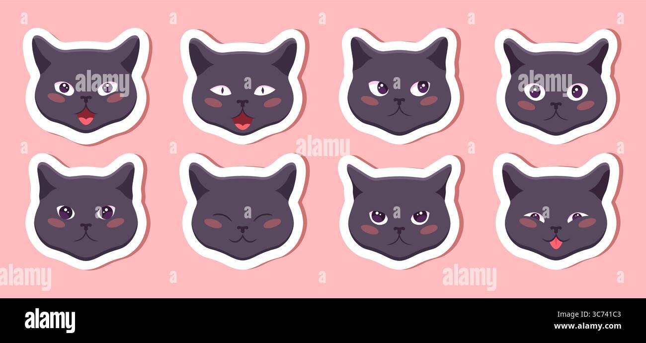 Niedliche Katzengesichter mit verschiedenen Emotionen. Aufkleber mit Katzenemoji. Set von Aufklebern mit Kätzchen. Vektorabbildung. Stock Vektor