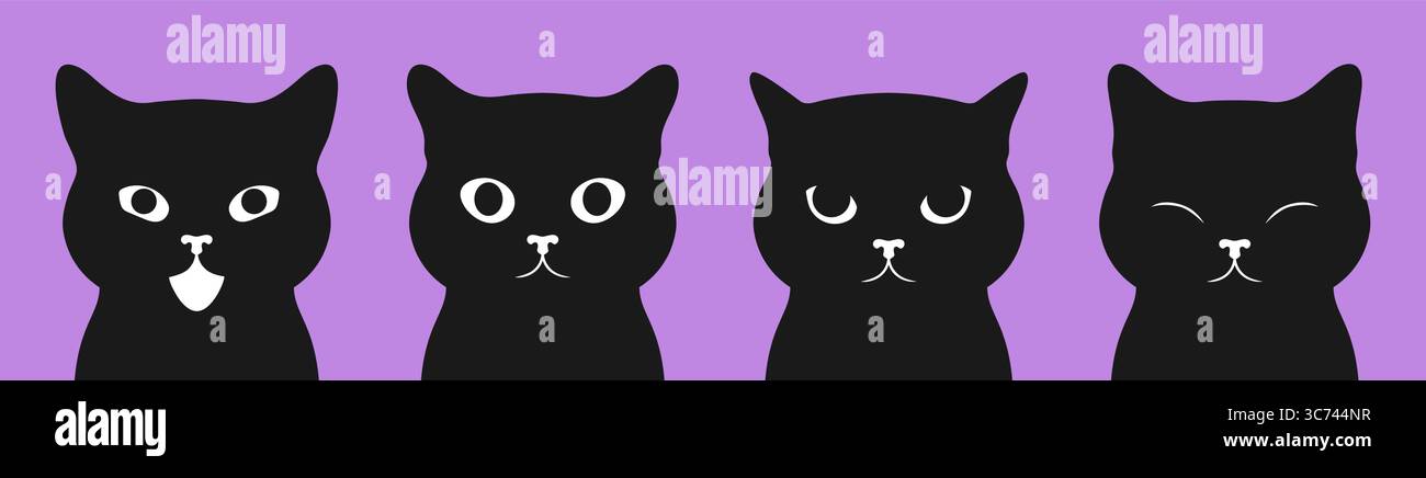 Schwarze Katzenporträts Set. Ein Satz schwarzer Katzengesichter mit verschiedenen Emotionen. Vektorabbildung Stock Vektor