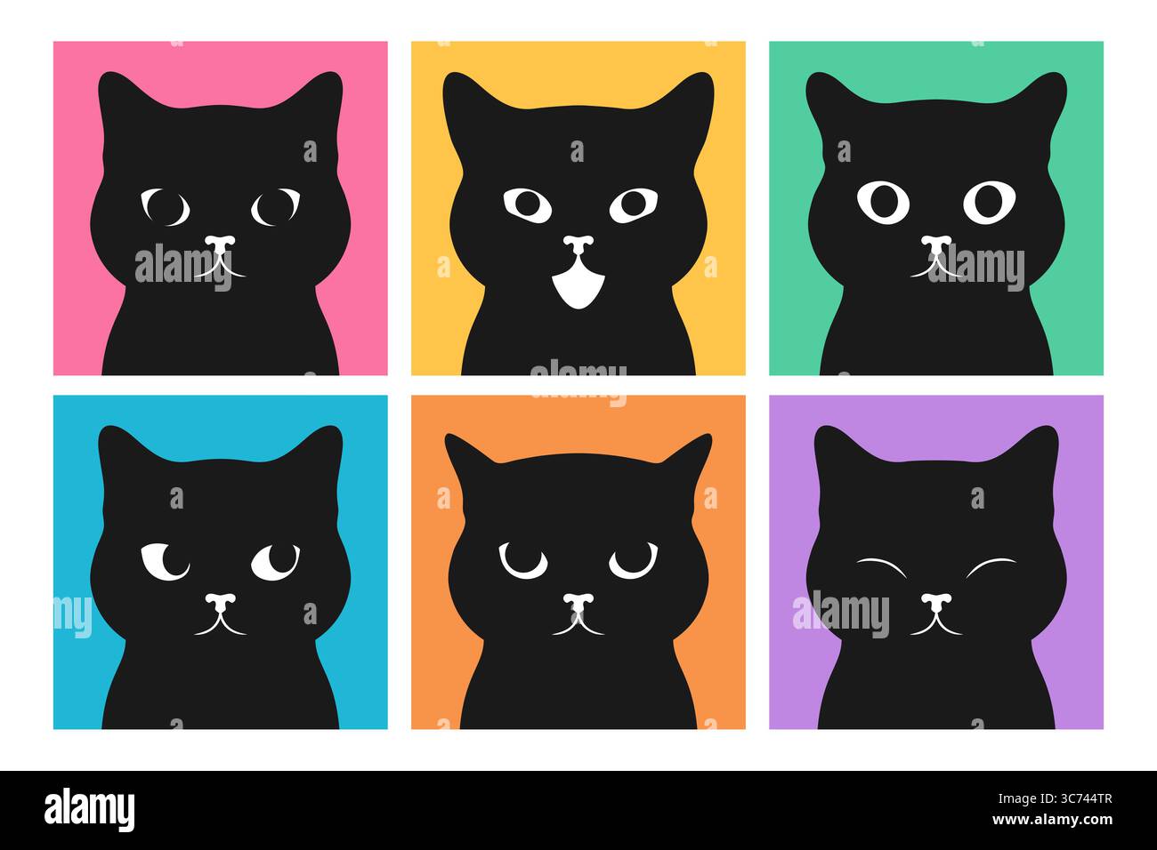 Ein Satz schwarzer Katzengesichter mit verschiedenen Emotionen. Katzenporträtset. Vektorabbildung Stock Vektor