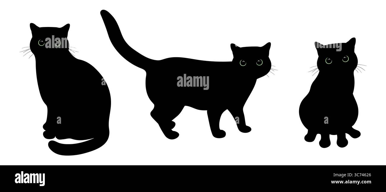 Schwarze Katzen mit großen grünen Augen in verschiedenen Posen. Katze sitzt vorne und Profil, stehende Katze. Vektorabbildung Stock Vektor