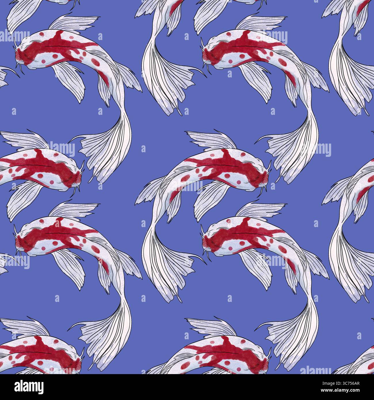 Nahtloses Muster mit roten und weißen Koi-Fischen, die zwischen weißen Lotusblüten auf blauem Hintergrund schwimmen. Elegantes und ruhiges Design, perfekt für Textilien, Stockfoto